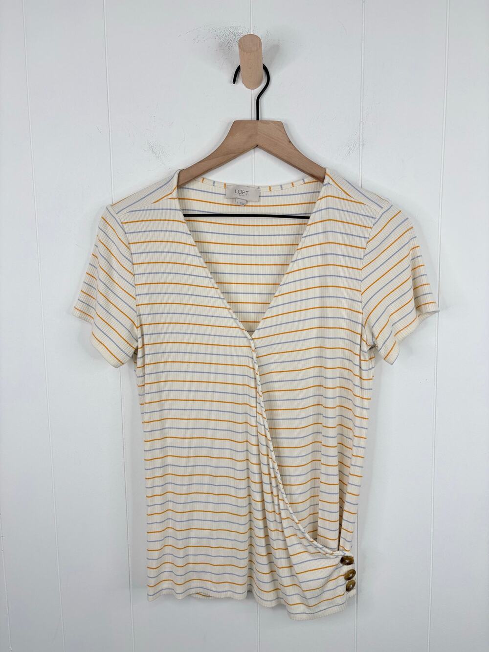 LOFT Stripe Faux Wrap Top Cream Small Button Hem Spring Shirt